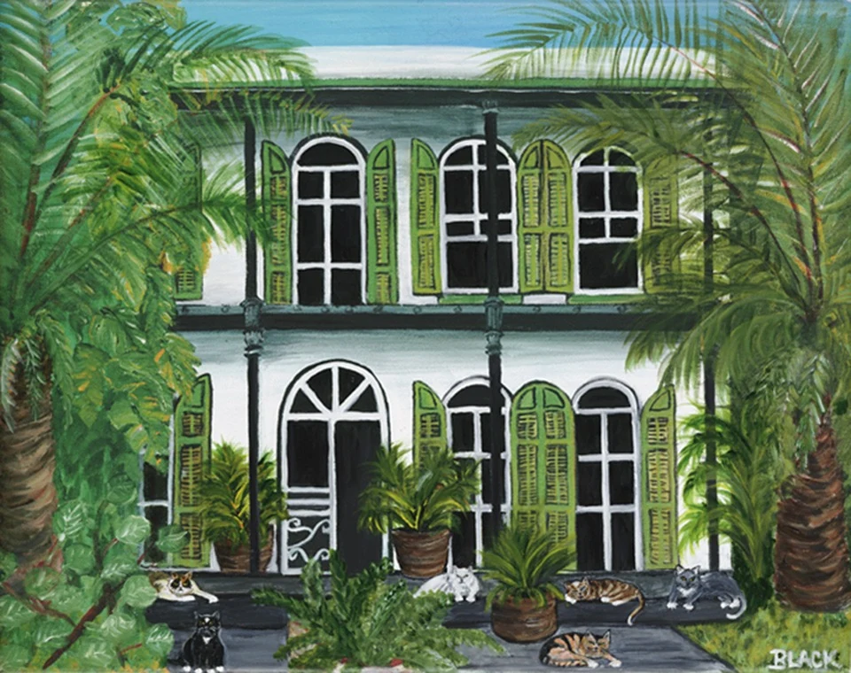 Hemingway House With Cats, acrylic painting of the green-shuttered Hemingway House in Key West with six cats on the walk