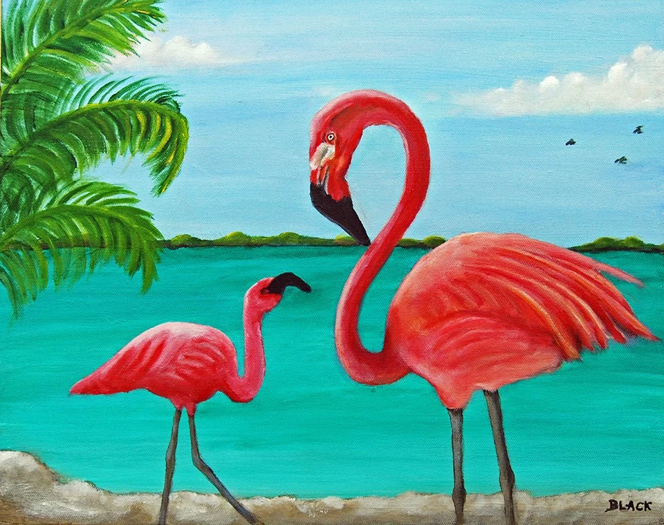 Pink Flamingos, acrylic painting of two flamingos in turquoise shallows beside a palm frond