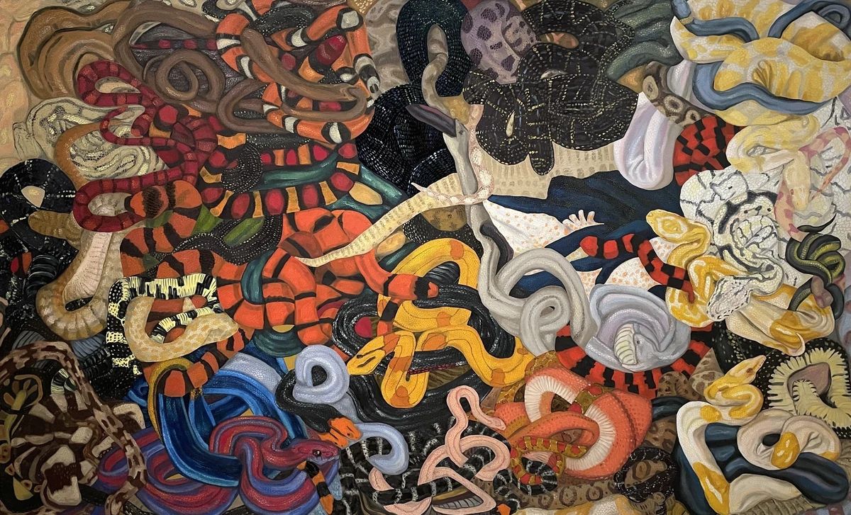 Ouroborealis, oil on canvas, 75 x 123 inches, 2022. A dense tangle of snakes filling the whole canvas.