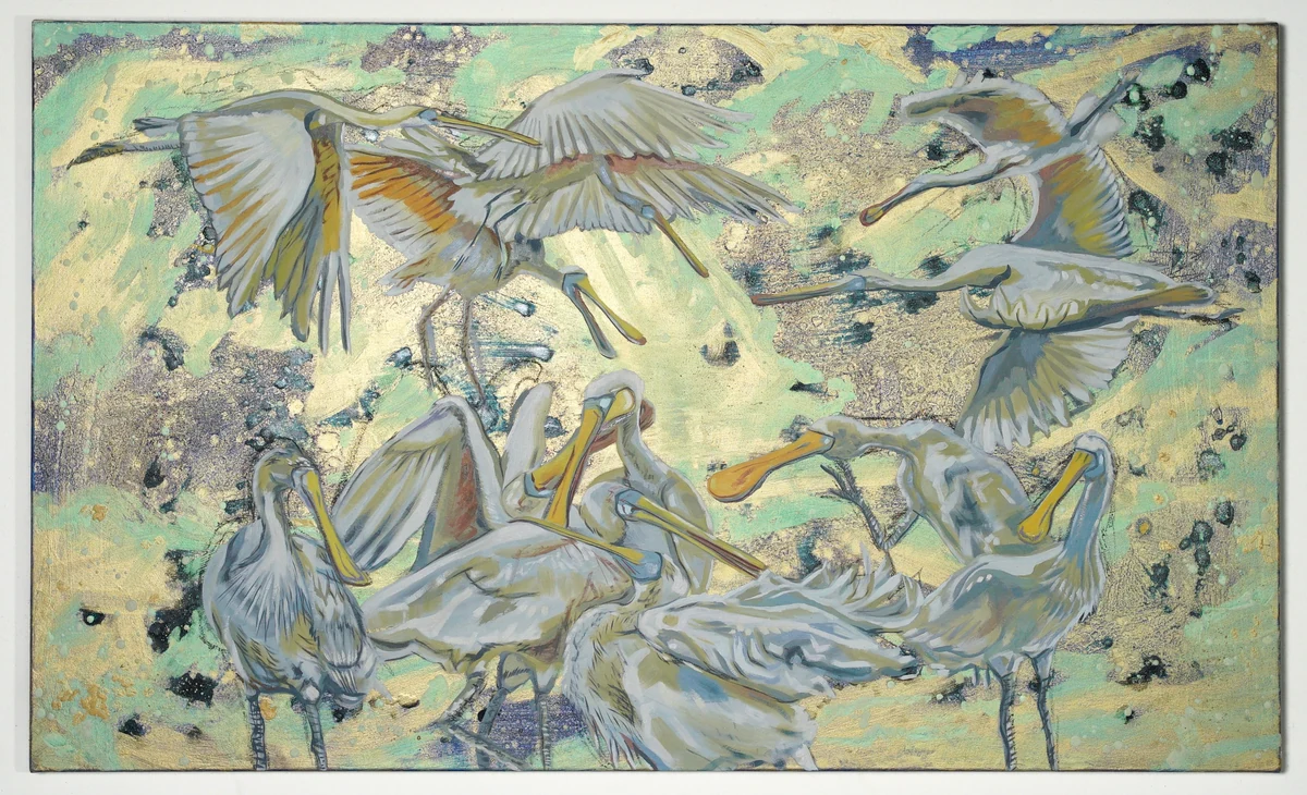 Edible Oedipal, oil on linen, 30 x 50 inches, 2024. A crowd of pelicans and wading birds on a pale green ground.