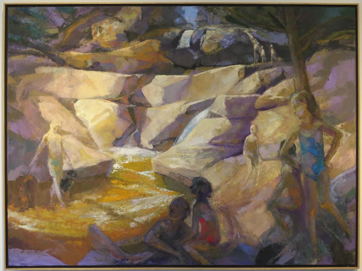 Figures at a rocky swimming hole in dappled light, oil on canvas, 38 x 52 inches, 2015