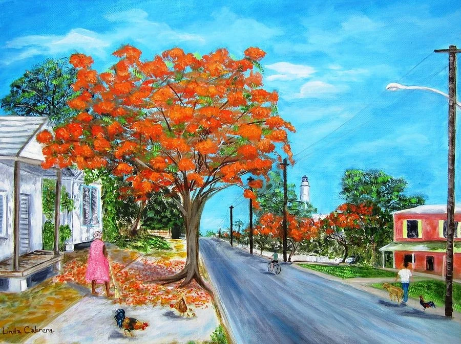 Whitehead Street: a royal poinciana in full orange bloom over a Key West street, the Key West Lighthouse in the distance, roosters and a woman sweeping fallen blossoms