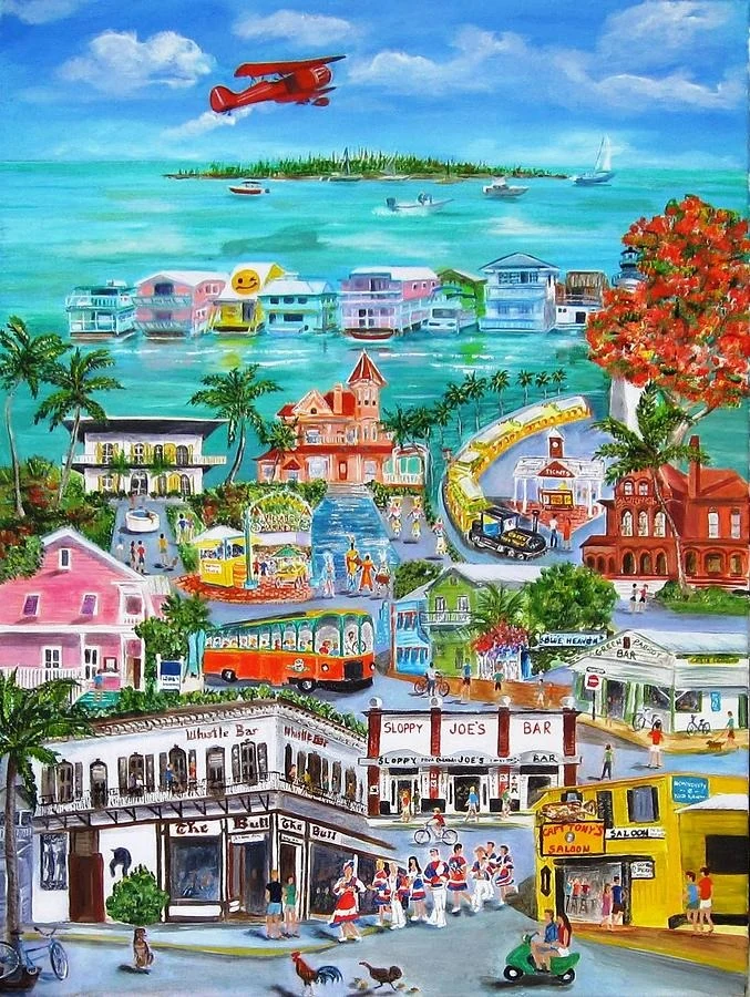 Island Daze: a folk-art panorama of Key West stacked from the waterfront and houseboat row up through Old Town streets, trolley, conch train and Duval Street storefronts