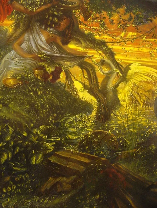 Mural detail: a robed figure beside a swan in a sunlit stream, painted in deep greens and gold
