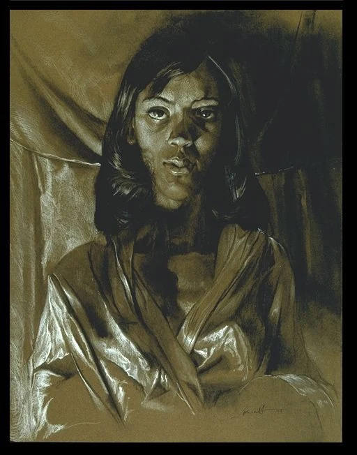Portrait of a young woman in a draped garment, black and white chalk on olive toned paper, signed lower right