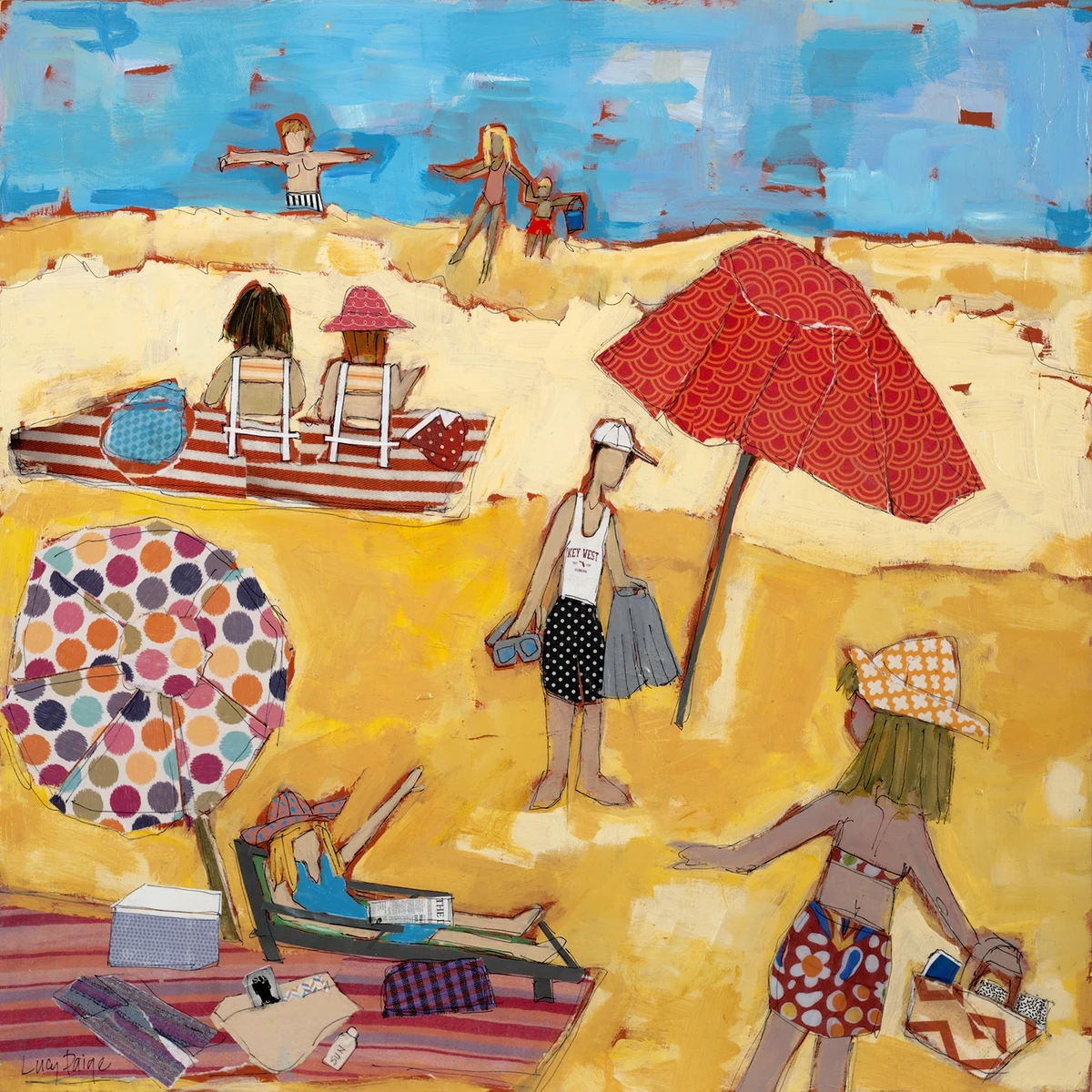 Meet Me At The Beach, a mixed media paint and paper collage of beachgoers under patterned umbrellas on yellow sand, from the Beach Days series