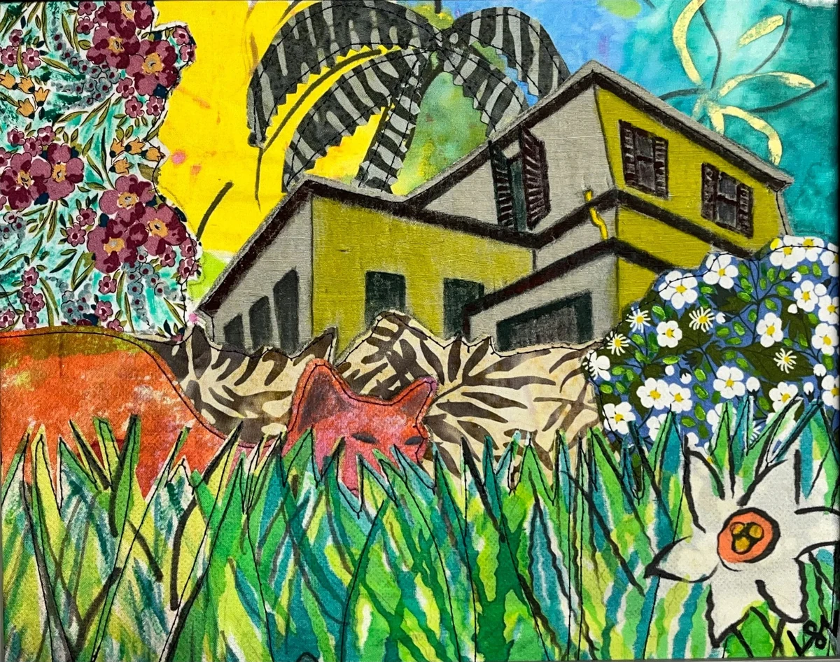 "Grass-eyed View: Hemingway Cat at Home in Key West" - mixed-media sewn and painted silk, hemp, Liberty of London lawn cotton, batik cotton and linen