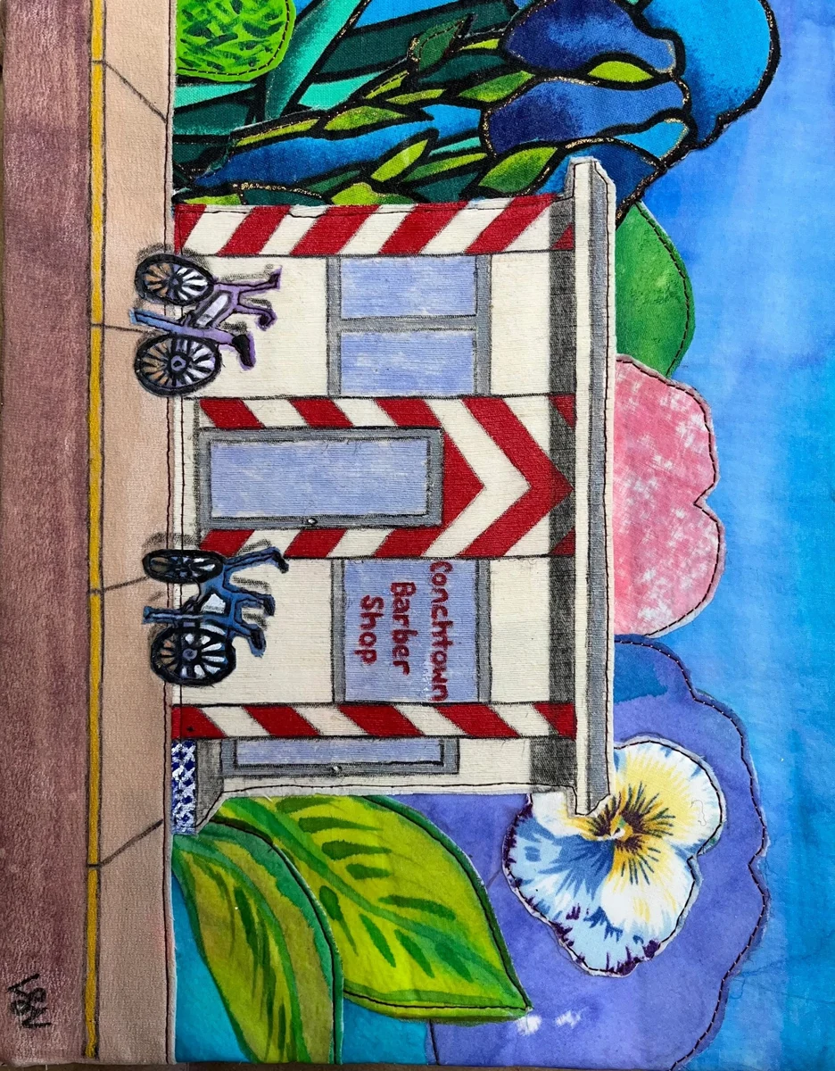 "Conchtown Barber Shop, Key West, circa 1995" - mixed-media sewn and painted hemp, silk, rayon, linen and cotton upholstery fabric with silk dyes and acrylic paint