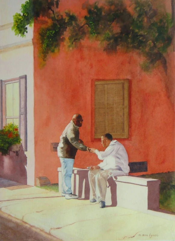 "Sharing & Caring," watercolor, 22 x 30 in., two men on a bench outside a coral-red conch house; blue ribbon, 2020 Florida Keys Watercolor Society show