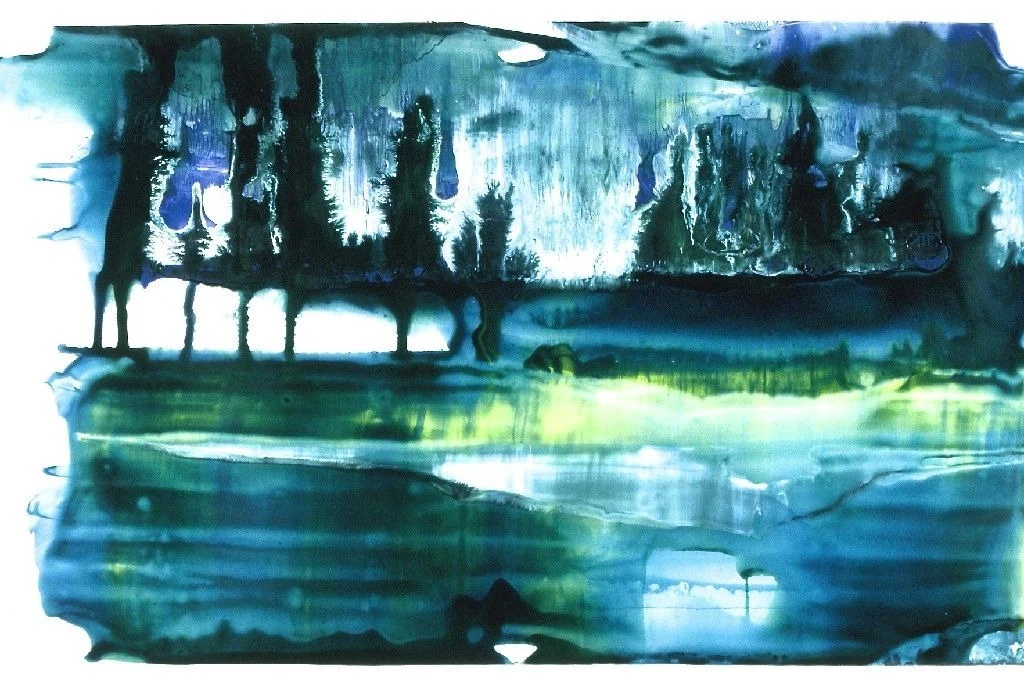 Water-media landscape in blues and greens, a treeline reflected over water