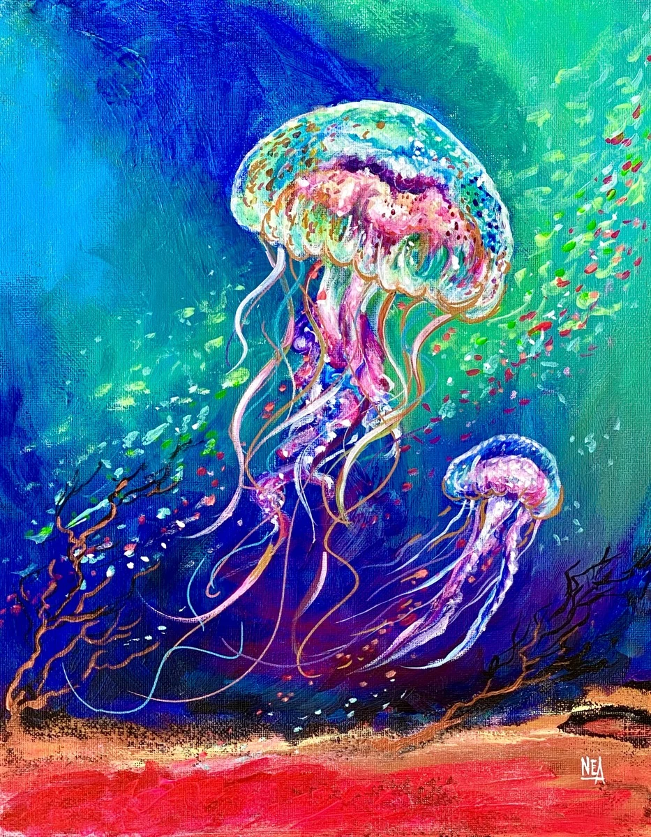 Keys Jellies: two jellyfish in pink, gold and violet drifting through deep blue and green water over a red sand bed. Acrylic painting.