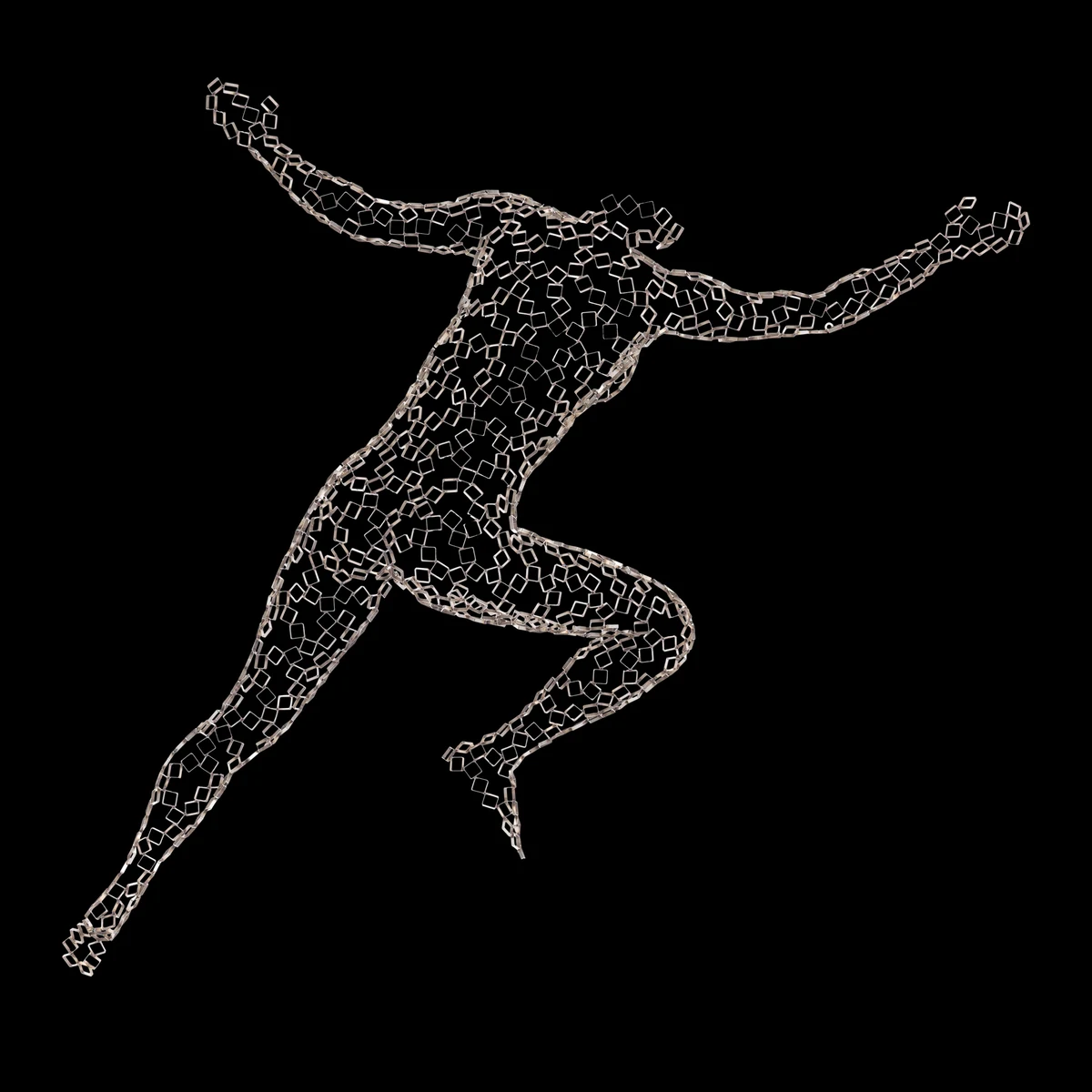 Climber Daiane (2021), a striding, climbing female figure in welded hollow stainless steel squares, 57 x 10 x 62 inches