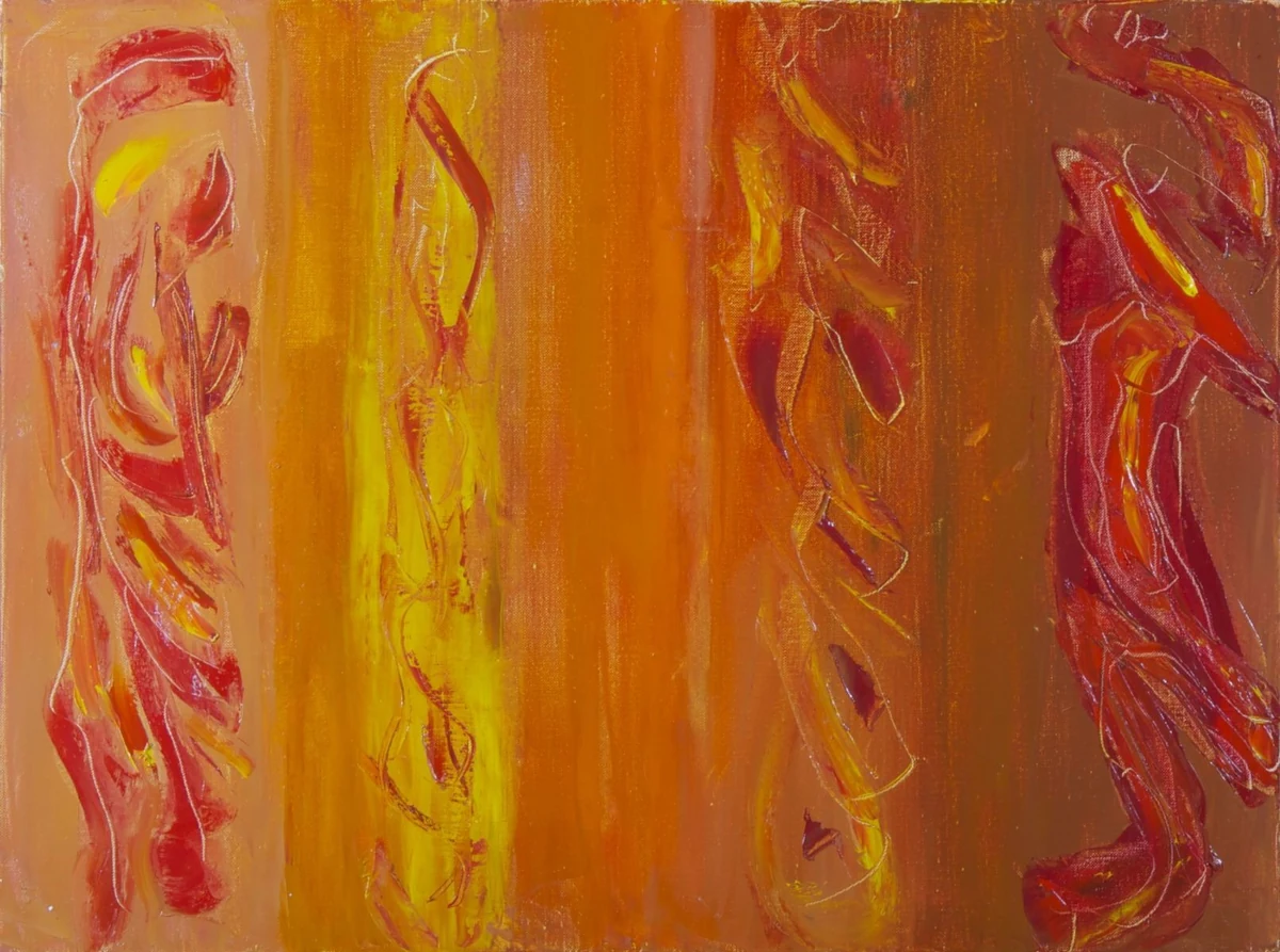 Processional (2011), oils on canvas, 20 x 24, from the Figures Emerging series: four panels of red and yellow vertical figures on a warm orange ground