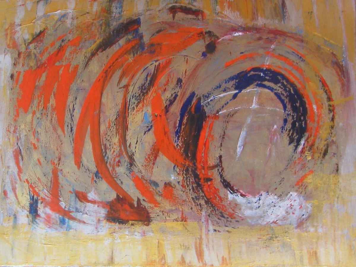 Red Roll (2014), acrylics on canvas, 30 x 40, gallery wrap: sweeping orange-red circular brush strokes with navy over ochre