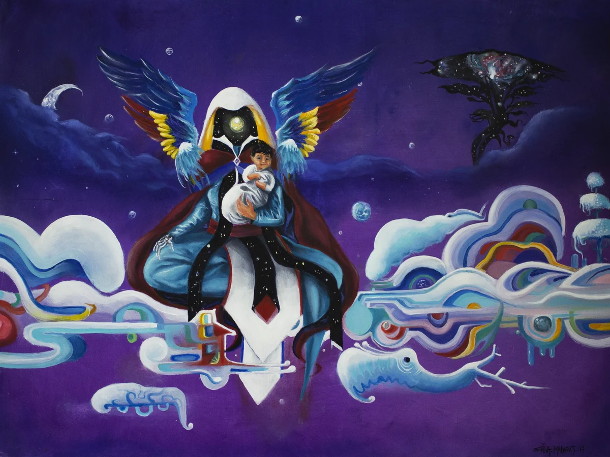 "Mother", a hooded winged figure cradling a child above stylized clouds in a deep purple night sky