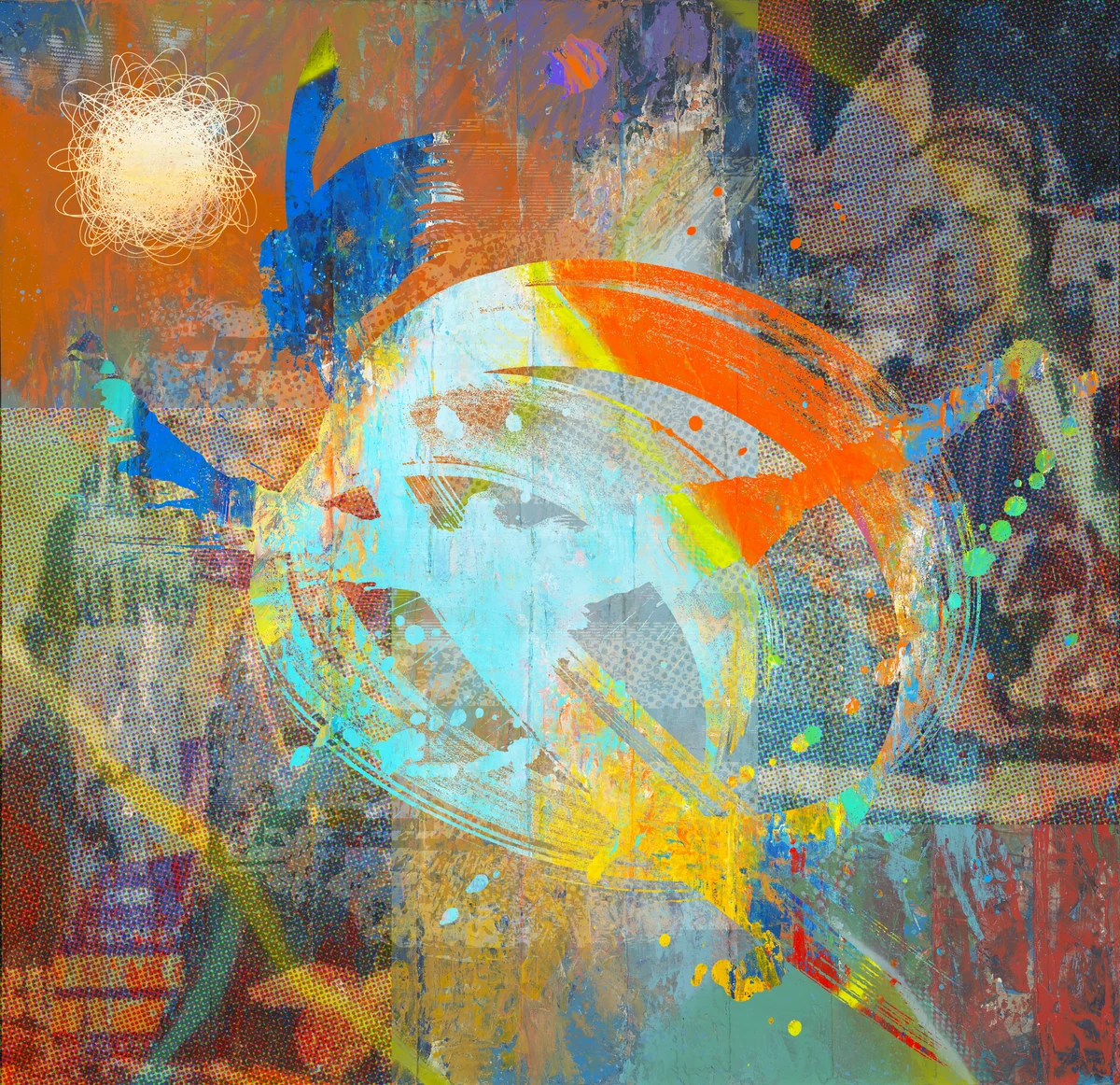 Large contemporary mixed-media painting, a pale circular form over layered orange, blue and yellow marks with halftone texture