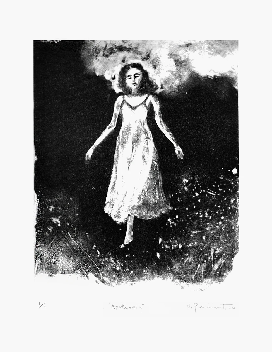 Apotheosis, dark-field monotype: a figure in a pale dress rising out of darkness into a burst of light, signed and titled in pencil below the plate