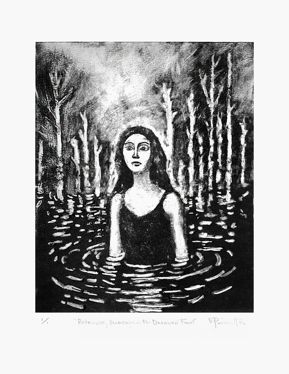 Retrieving Memories, dark-field monotype: a woman standing chest-deep in rippling water inside a sunken forest, signed and titled in pencil below the plate