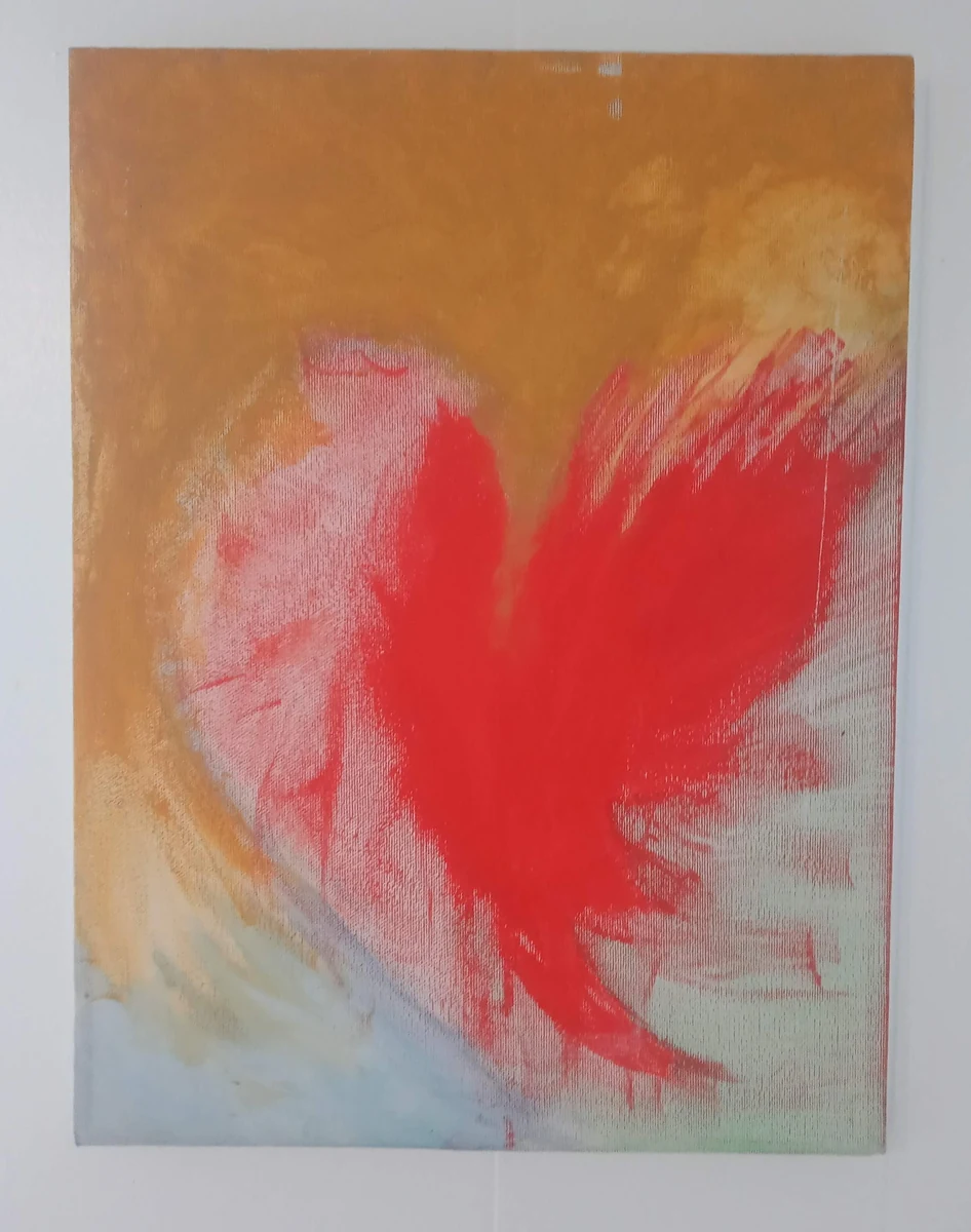 Heart_Flight, watercolor on canvas: a red winged heart form opening across a gold and pale blue ground