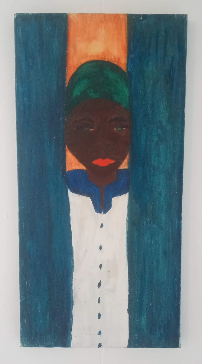 La_Mujer, watercolor on canvas: a portrait of a woman in a green head wrap and white buttoned garment framed by teal panels and an orange ground