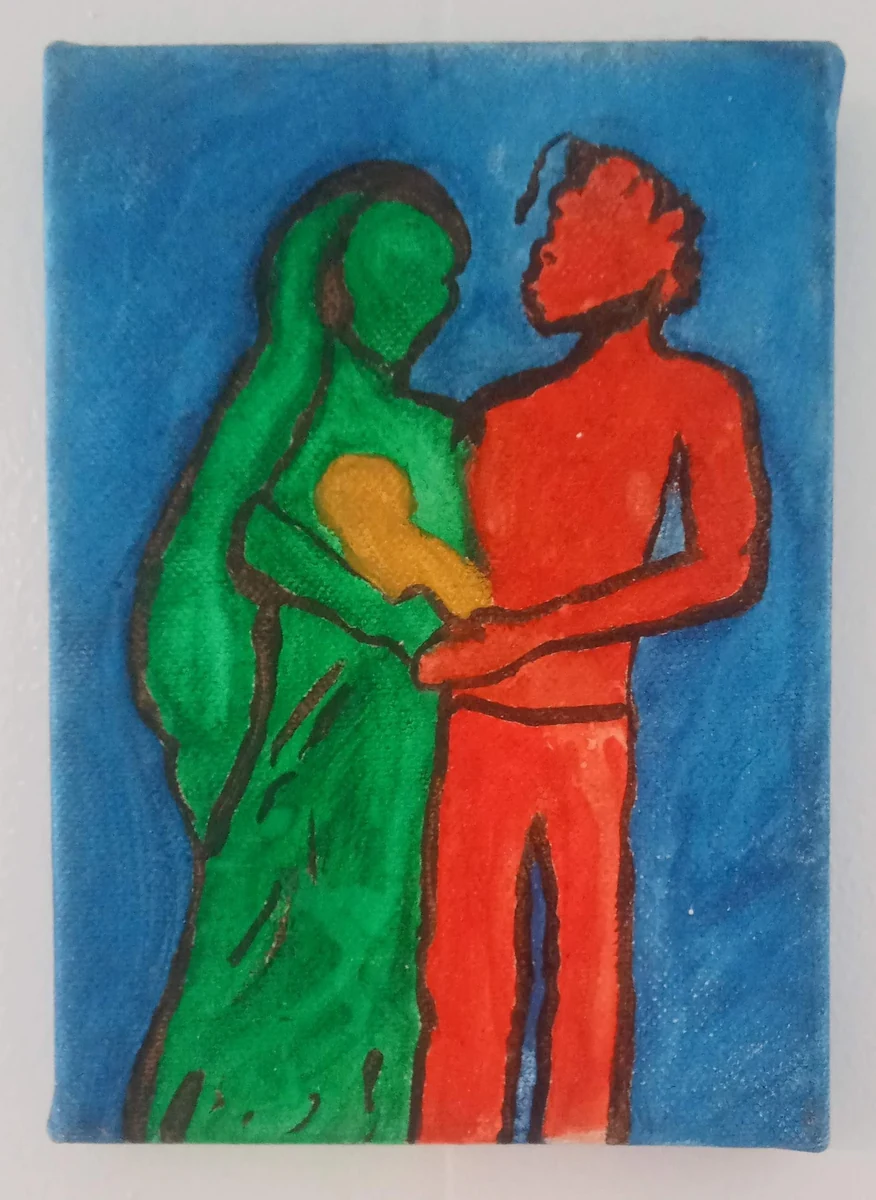 Child_of_Light, watercolor on canvas: two bold outlined figures, one green and one red, holding a golden child between them on a blue ground