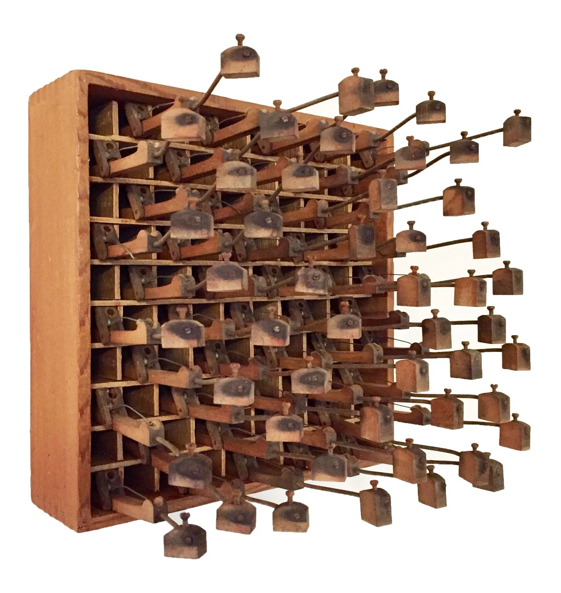 Encore, assemblage of salvaged upright-piano hammers projecting from a wooden grid box, Hildinger-Reisner Series, 9.75 x 9.75 x 7.5 inches